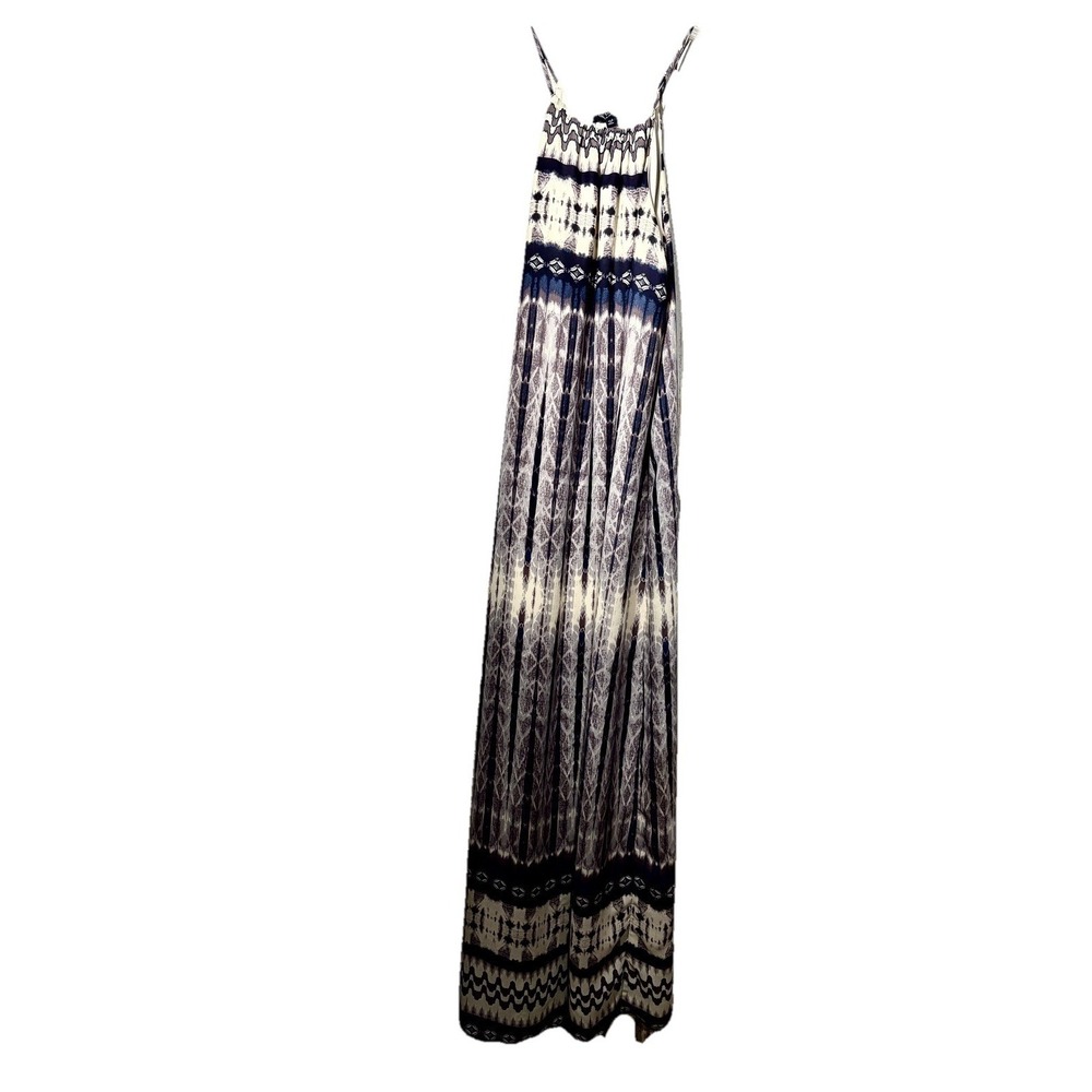 Maxi Halter Dress M Blue & Wh Part Lined Coastal  Hippie Flowy Boho Festival